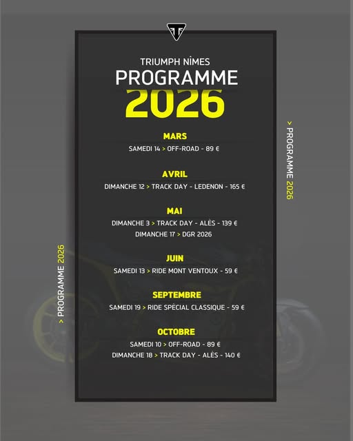 Programme 2026 des Evénements de Triumph Nîmes